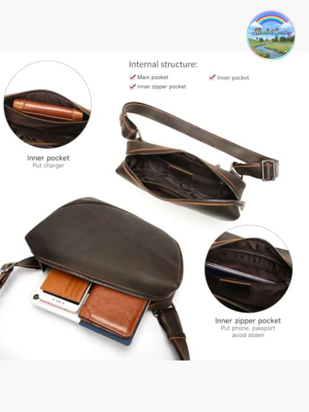 Genuine Leather Sling Bag Crossbody Purse Hiking Travel Chest Daypack